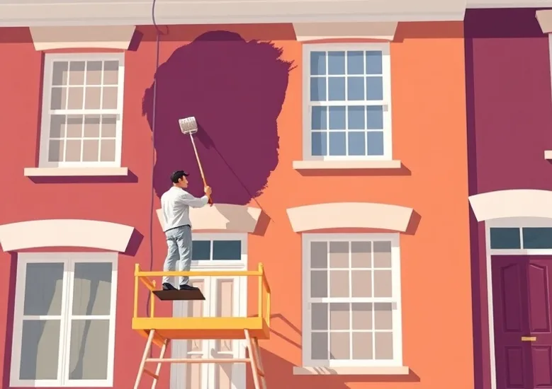 Peintre sur échafaudage traitant la façade d'une maison